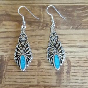 Silver and Blue Art Nouveau Earrings With Intricate Design